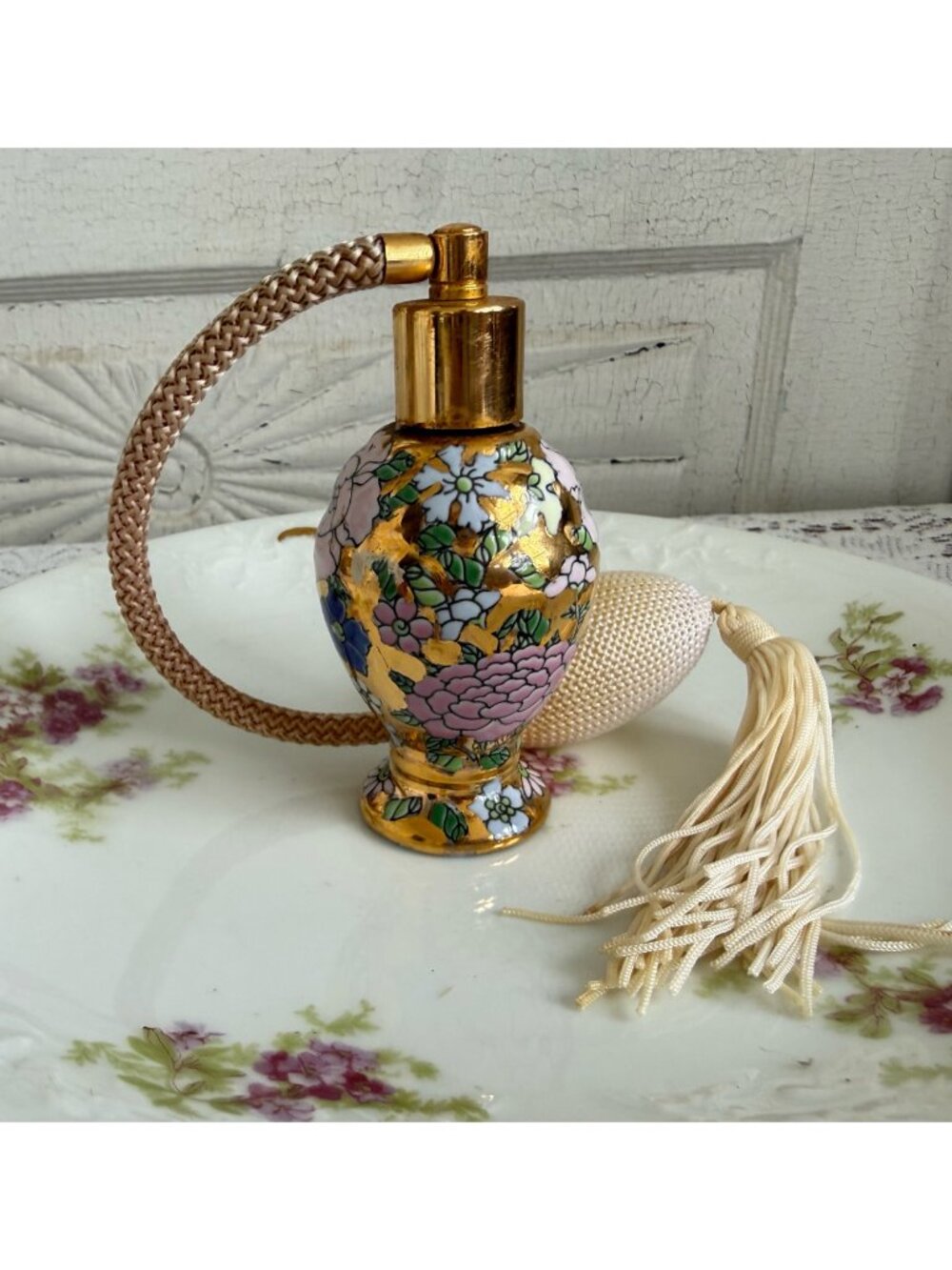 Vintage 1970s Porcelain Asian Style Floral Gold Perfume Bottle with Atomizer